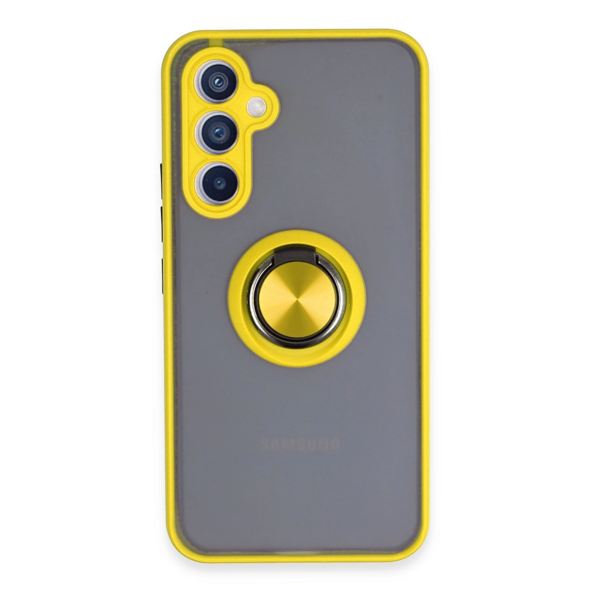 Sarı kenarlı gri telefon kılıfı, kamera ve halka tutucu.