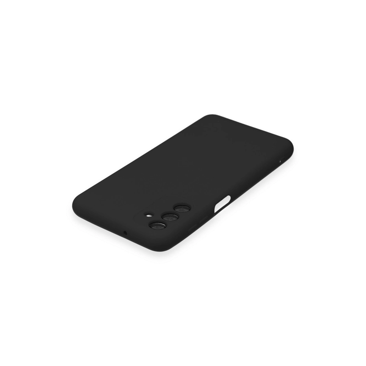 Kamera ve düğmeler için kesikli siyah telefon kılıfı, beyaz arka plan üzerinde.