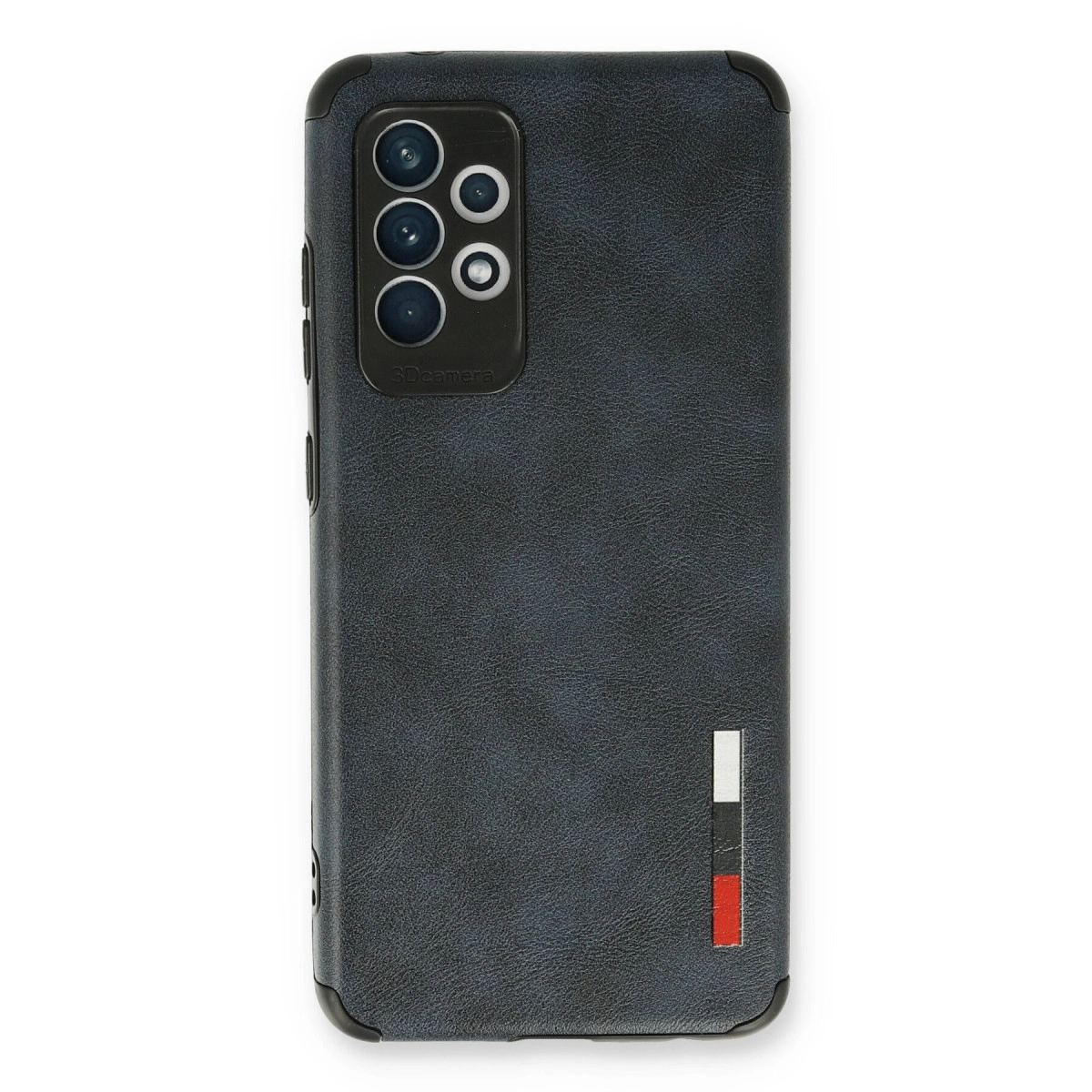 Siyah kamera modüllü ve renkli şeritli koyu gri telefon kılıfı.