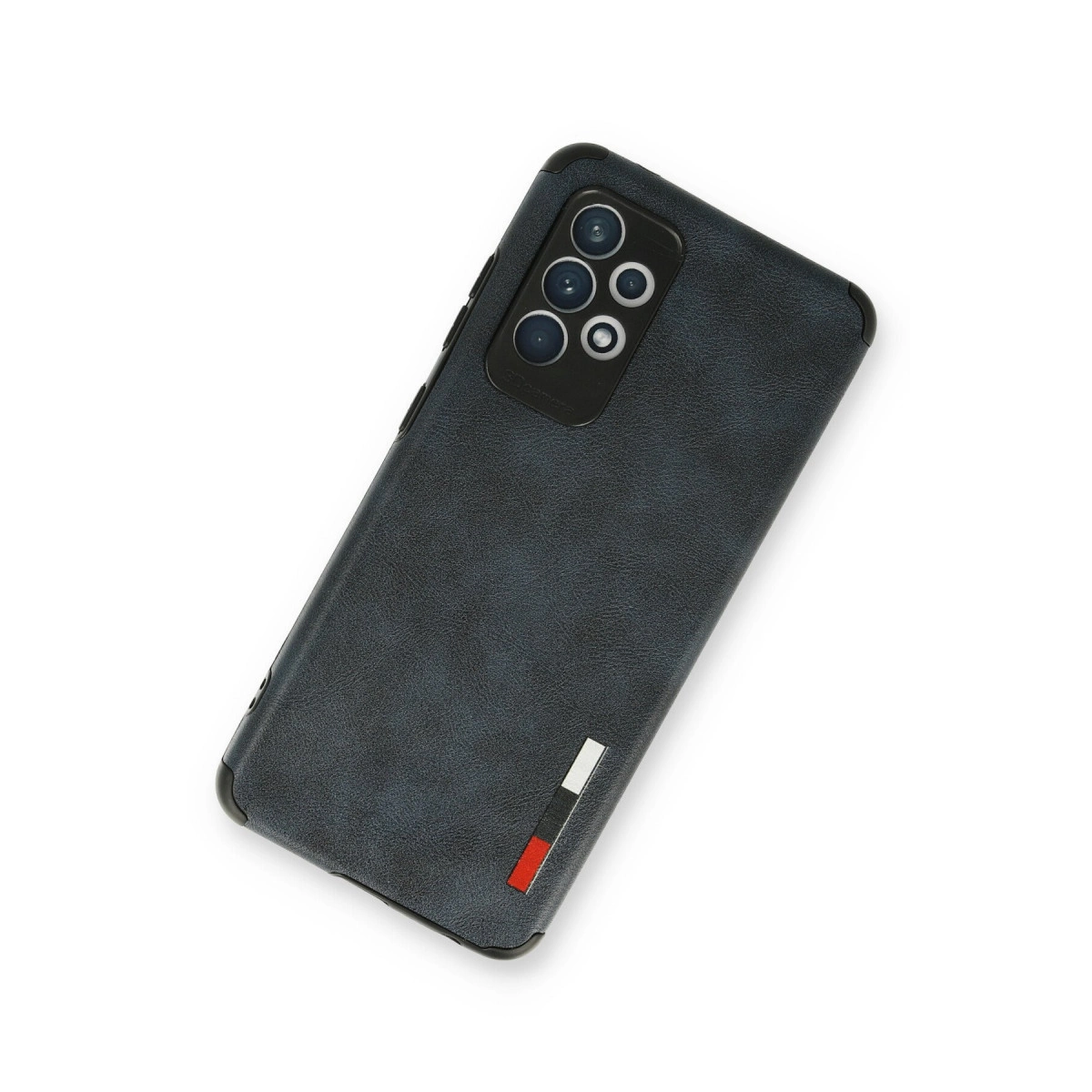 Çoklu kamera ve şerit detaylı lacivert telefon kılıfı.
