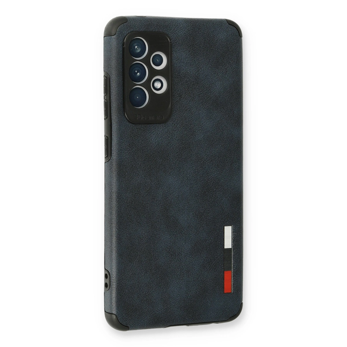 Kamera dizisi ve dikey şeritleri olan lacivert telefon kılıfı.