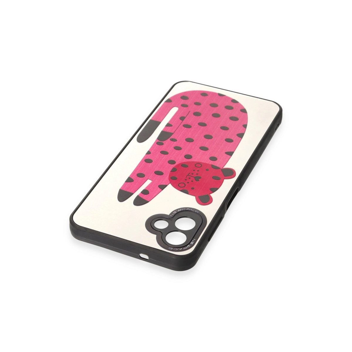 Beyaz arka plan üzerinde pembe leopar desenli bir telefon kılıfı.
