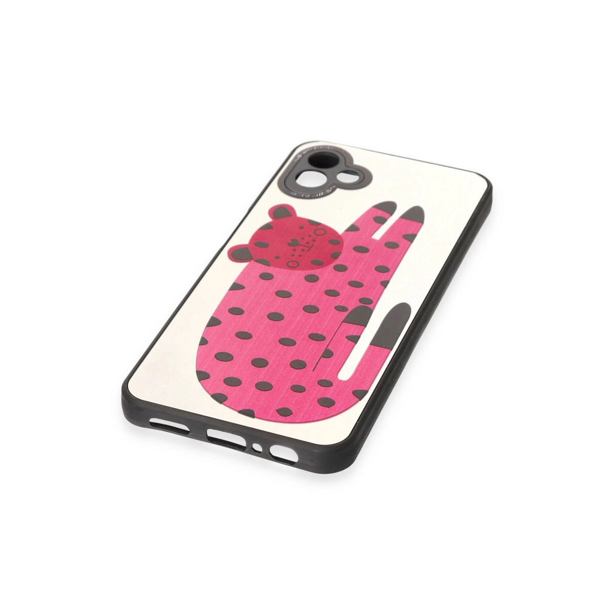 Beyaz zemin üzerine pembe leopar desenli telefon kılıfı.