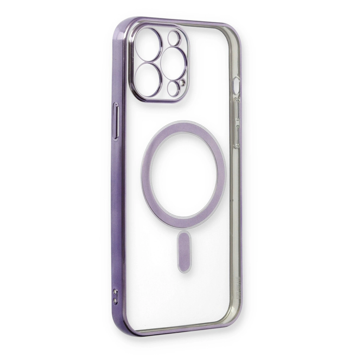 Beyaz arka plan üzerinde MagSafe halkalı ve kamera kesimli mor iPhone kılıfı.