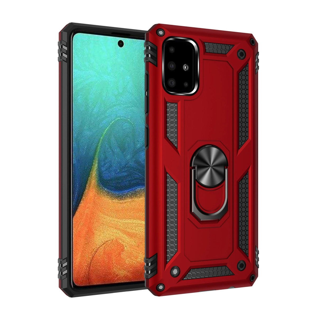 Halka tutuculu ve siyah çerçeveli kırmızı telefon kılıfı. Telefon renkli bir ekran gösteriyor.