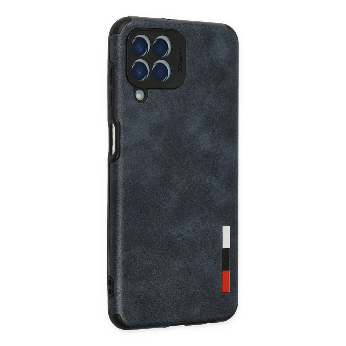 Dört kameralı, dikey şeritli lacivert telefon kılıfı.