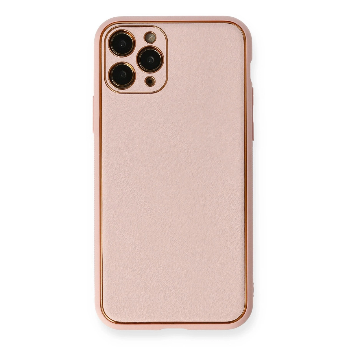 Üç kamera lensli ve altın kenarlı pembe telefon kılıfı.