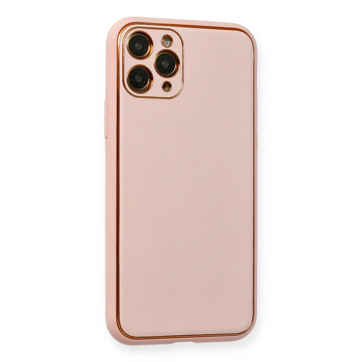 Altın kenarlı ve kamera modüllü pembe telefon kılıfı.