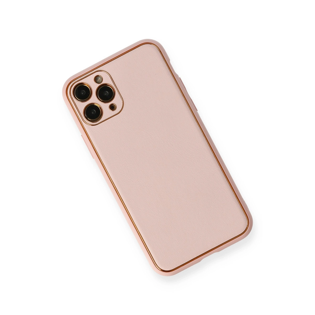 Altın kenarlı ve kamera lensli pembe telefon kılıfı.