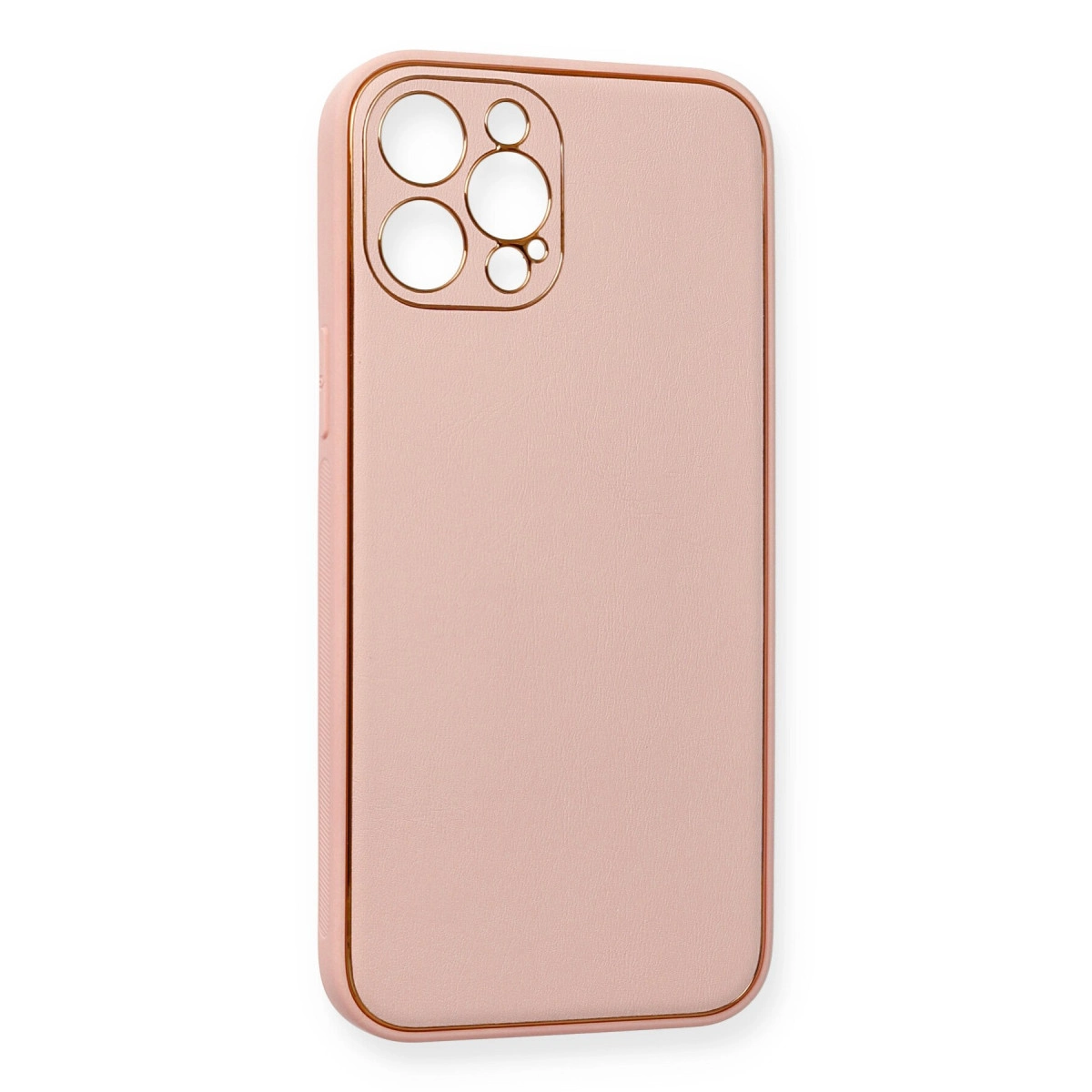 Altın kenarlıklı, kare kamera kesimli pembe telefon kılıfı.