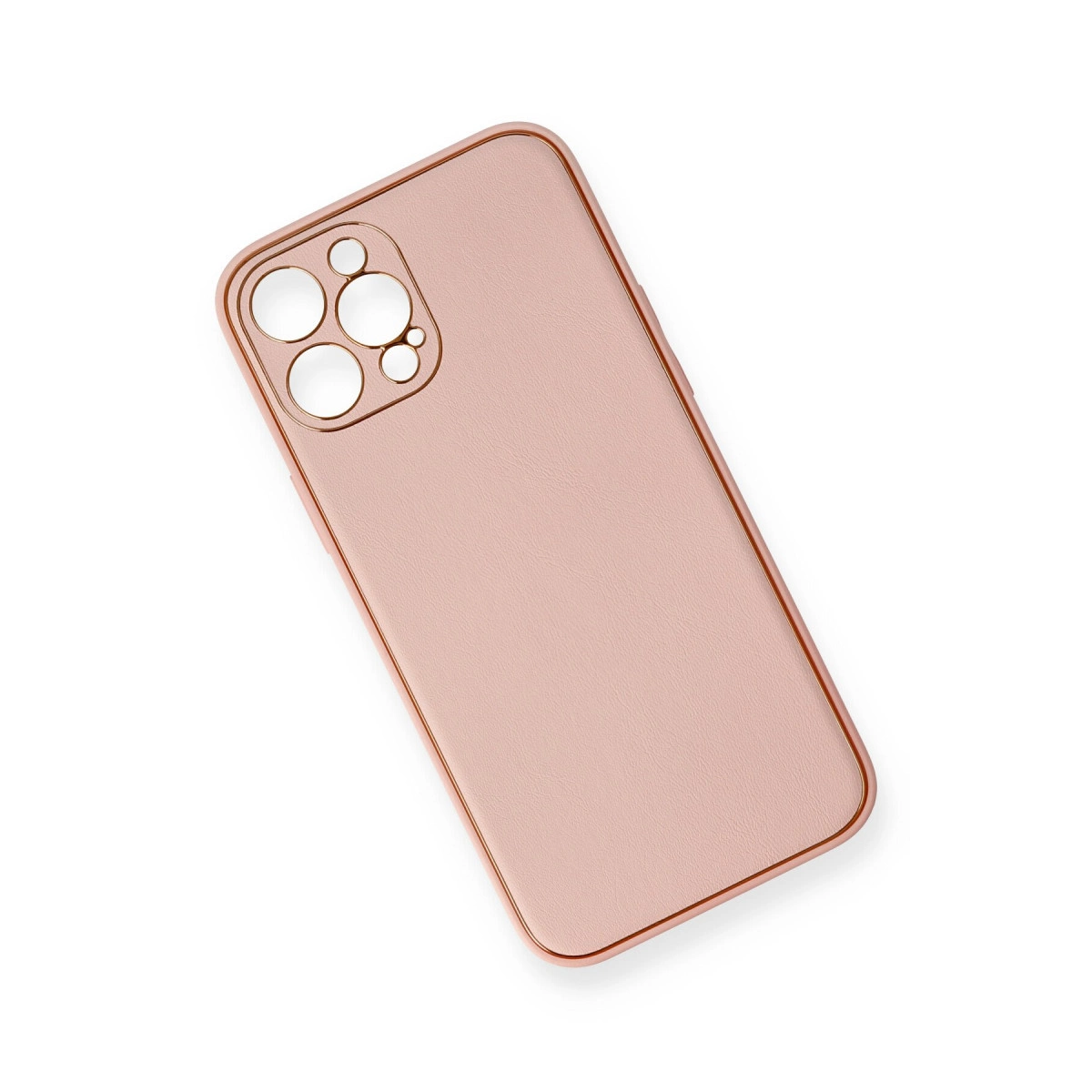 Beyaz arka plan üzerinde kamera kesimli, rose gold telefon kılıfı.
