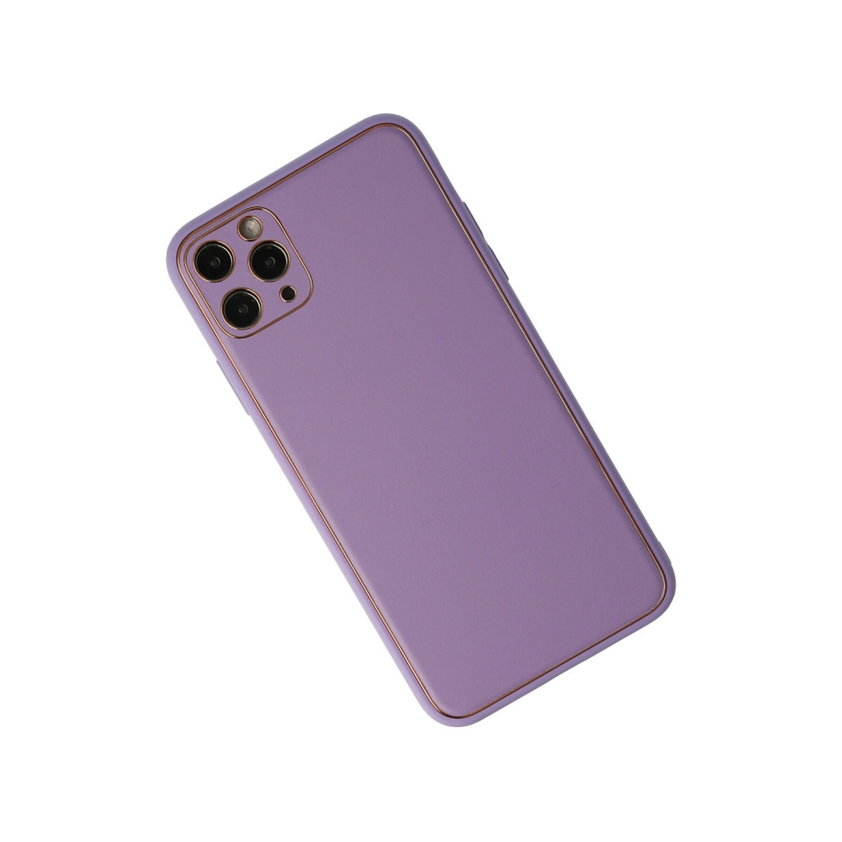 Kameralı ve altın kenarlı mor telefon kılıfı, beyaz arka planda.