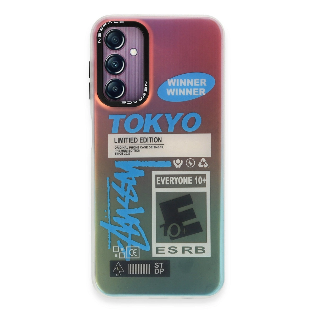TOKYO ve ESRB logosu içeren renkli telefon kılıfı.