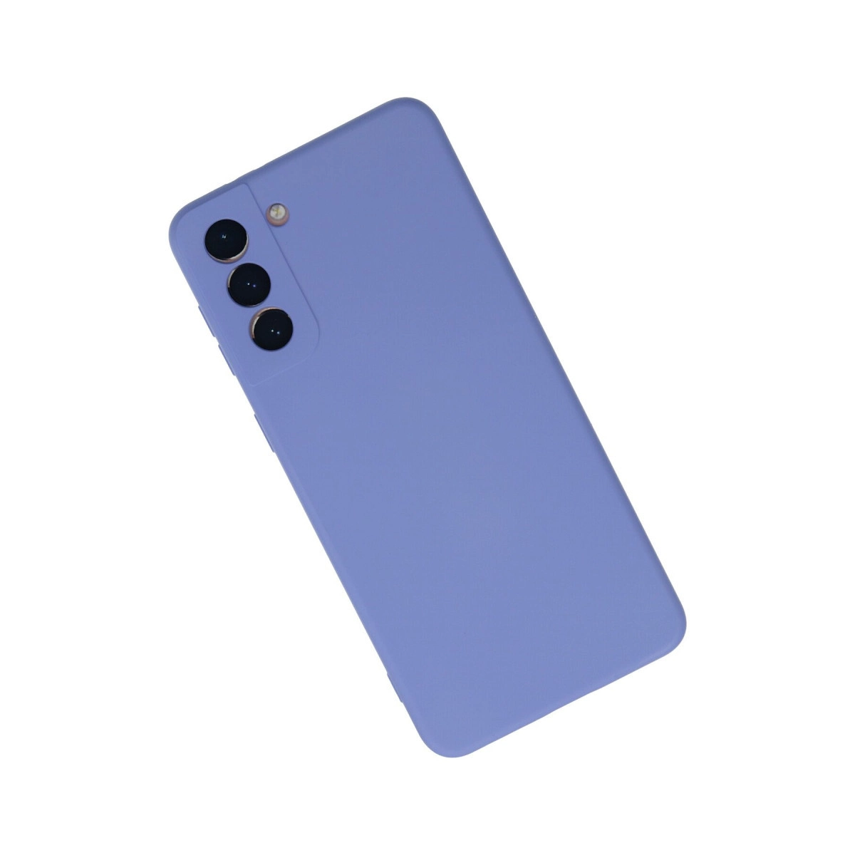 Arkada üç kamerası olan lavanta rengi telefon, beyaz zeminde.