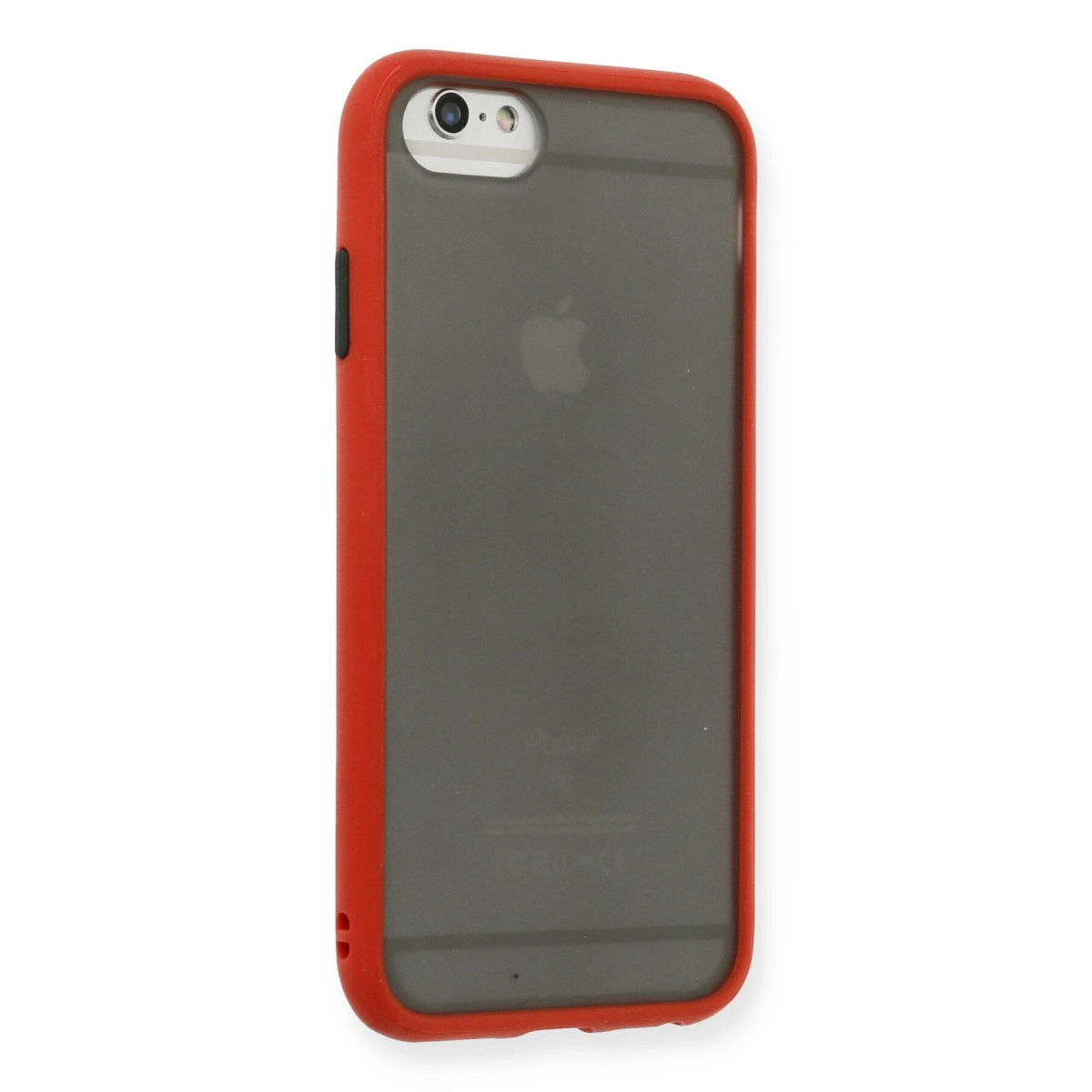 Dumanlı gri arka ve görünür Apple logosuna sahip kırmızı iPhone kılıfı.