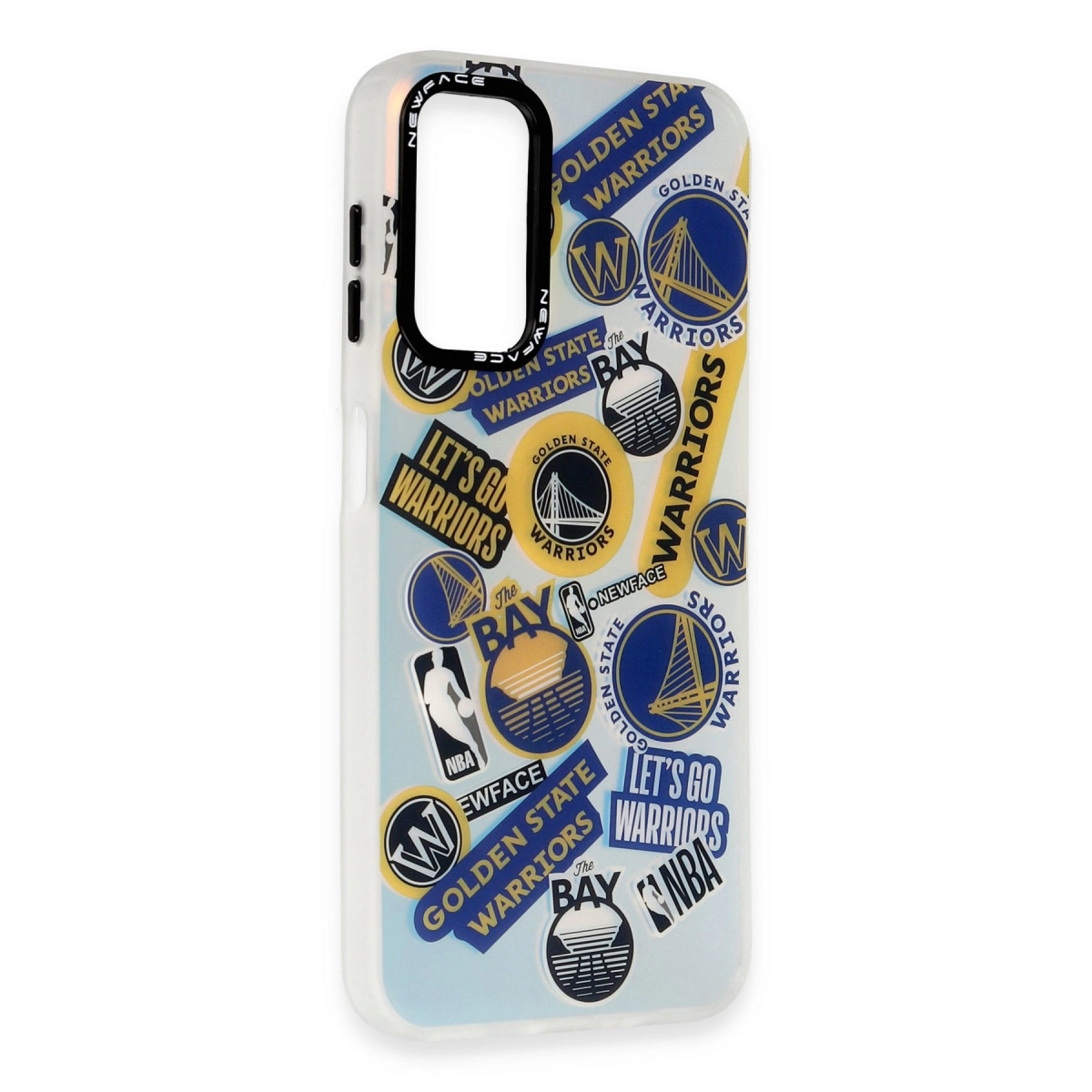 Mavi ve sarı Golden State Warriors çıkartmalarıyla süslenmiş telefon kılıfı.