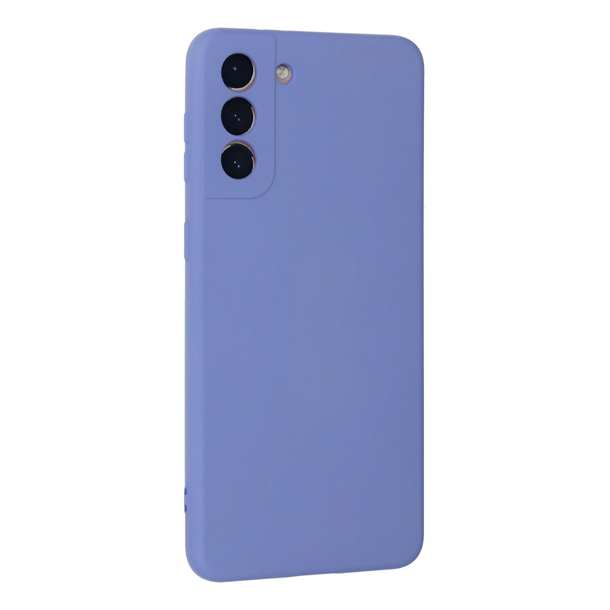 Arkada üç kamera lensi ve flaşlı mor telefon kılıfı.