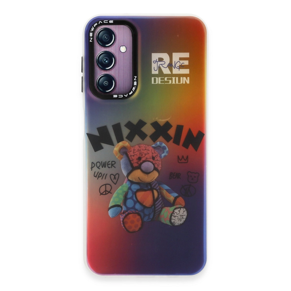 Ayıcık, 'NIXXIN' yazısı ve degrade renk geçişli renkli telefon kılıfı.