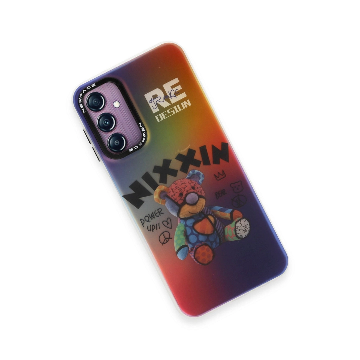 Ayıcık ve yazı grafikli renkli telefon kılıfı.