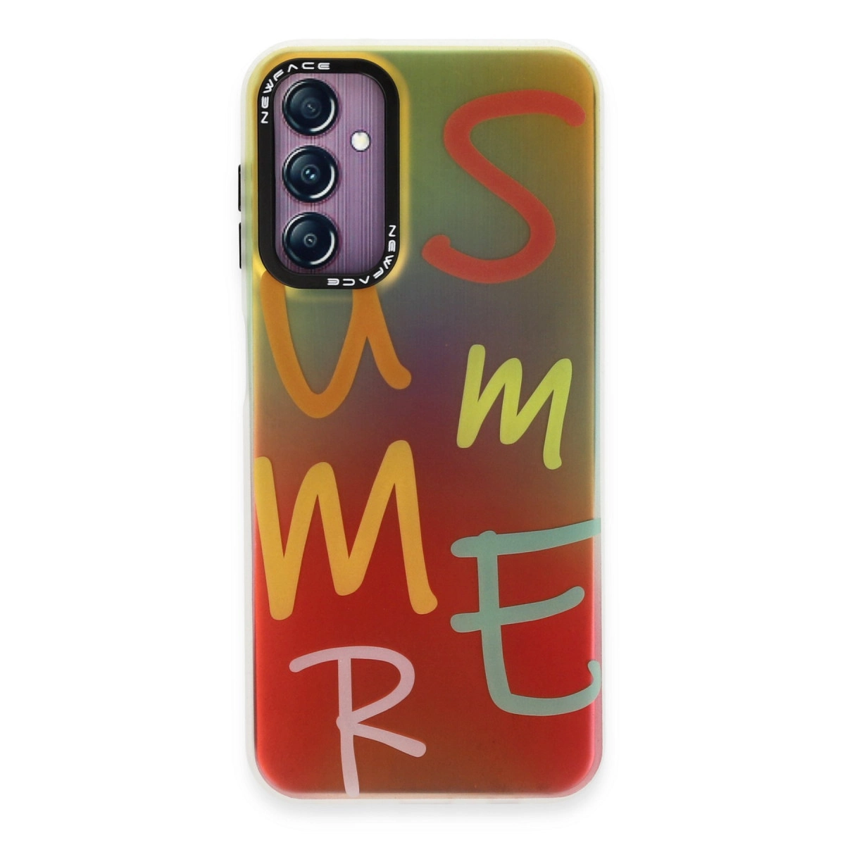 Renkli "SUMMER" yazılı ve arka kamerası olan telefon kılıfı.