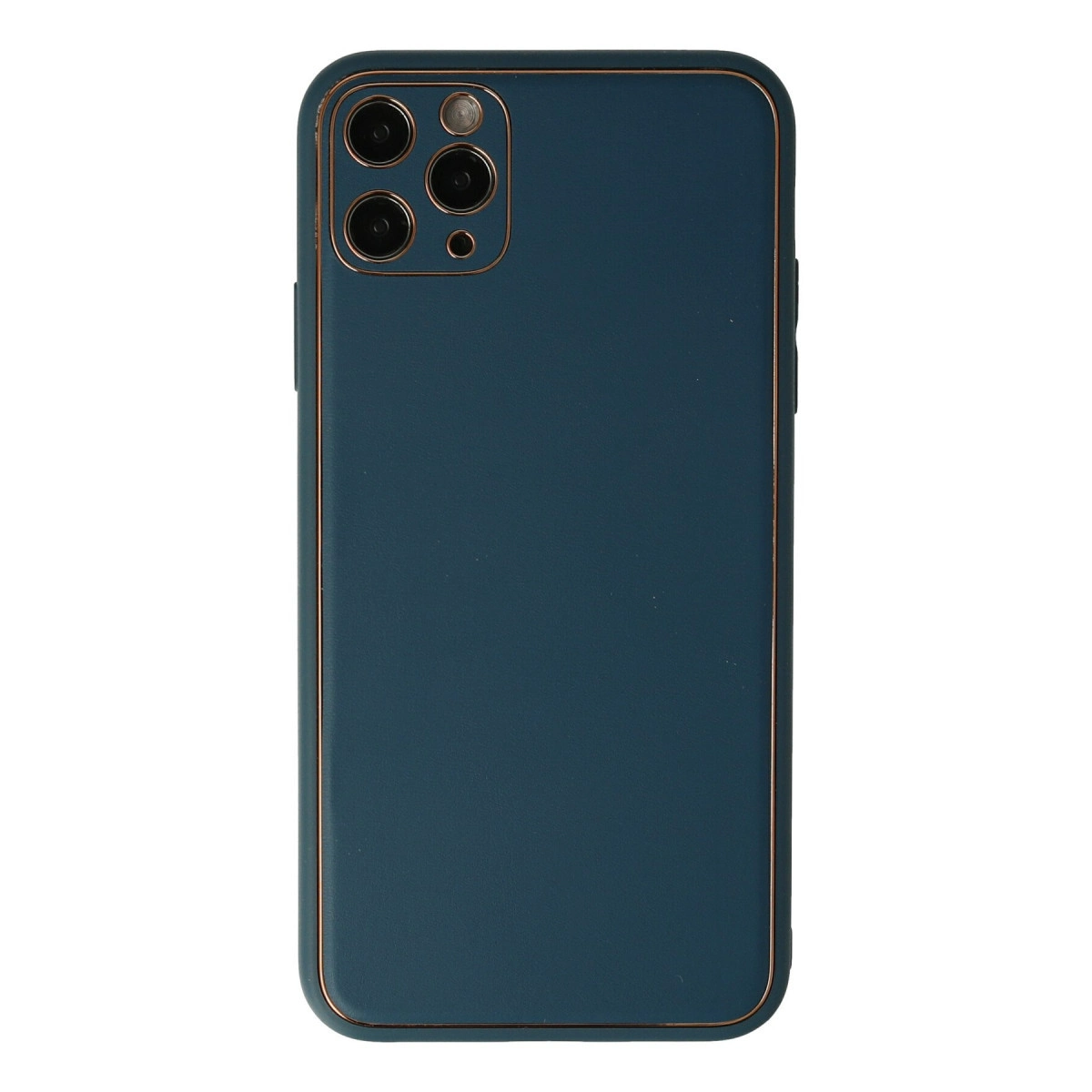 Kamera adası ve altın kenarlı lacivert telefon kılıfı.