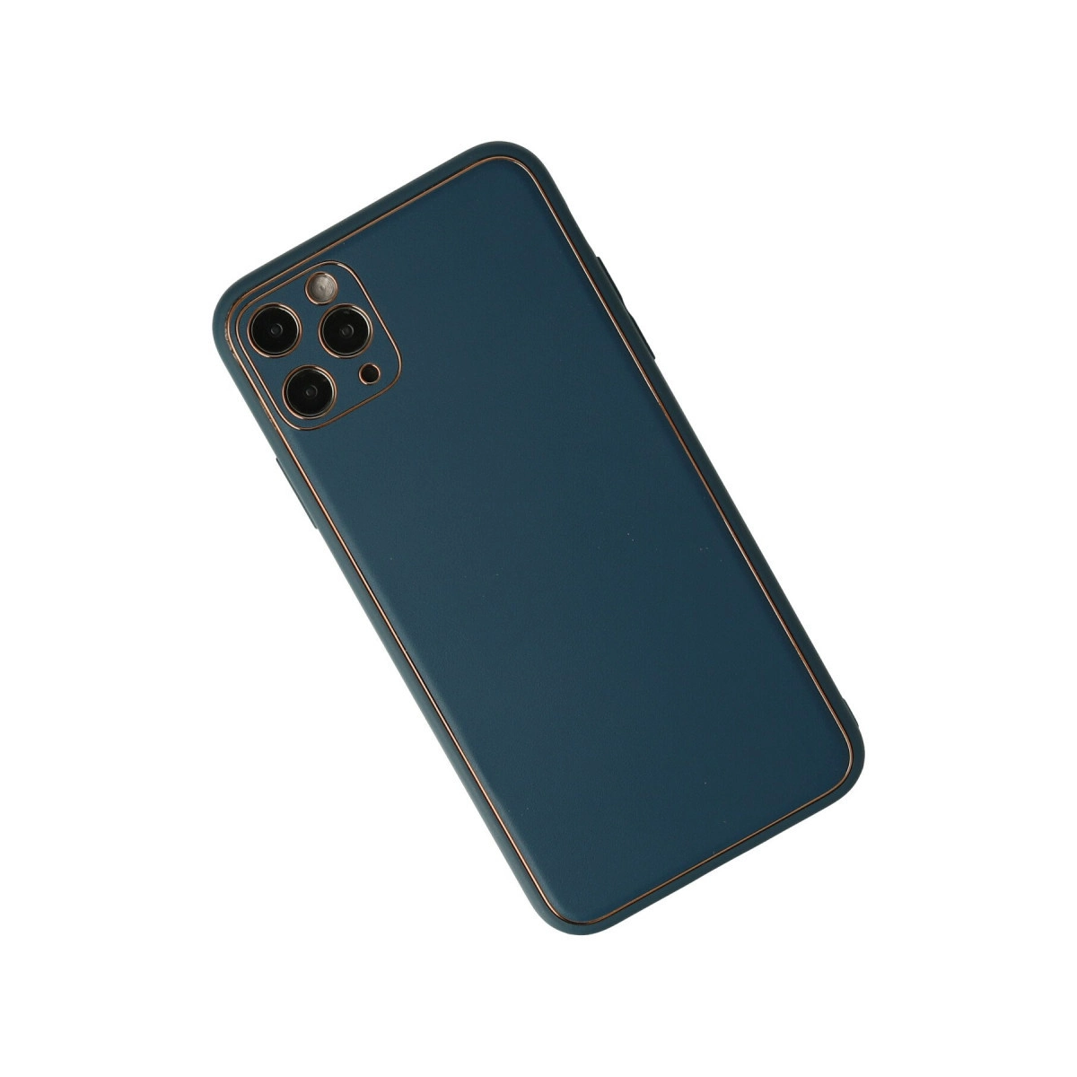 Üç kameralı, altın kenarlı lacivert telefon kılıfı.
