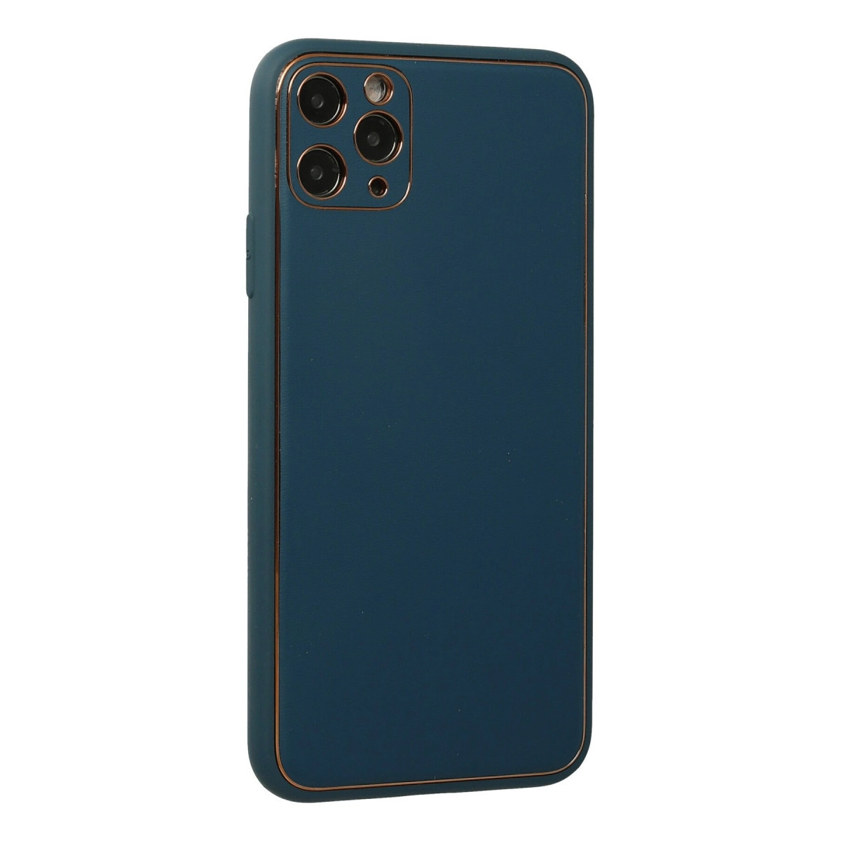 Üç kamera lensli, altın kenarlı lacivert telefon kılıfı.