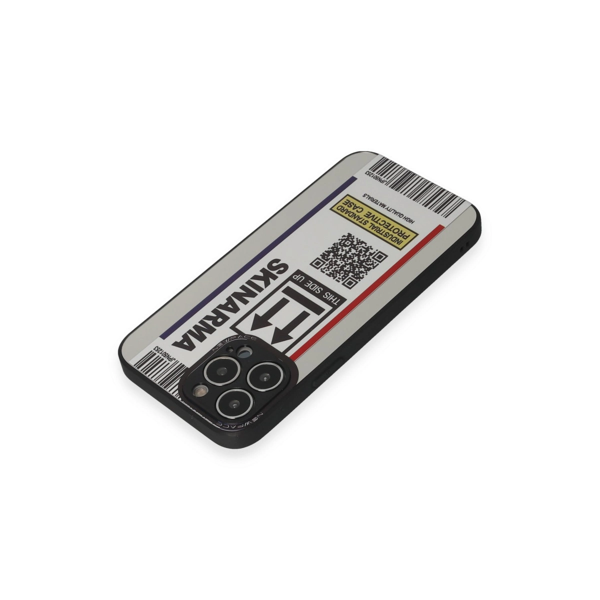 Gümüş tasarımlı, QR kodlu ve ok işaretli siyah telefon kılıfı.