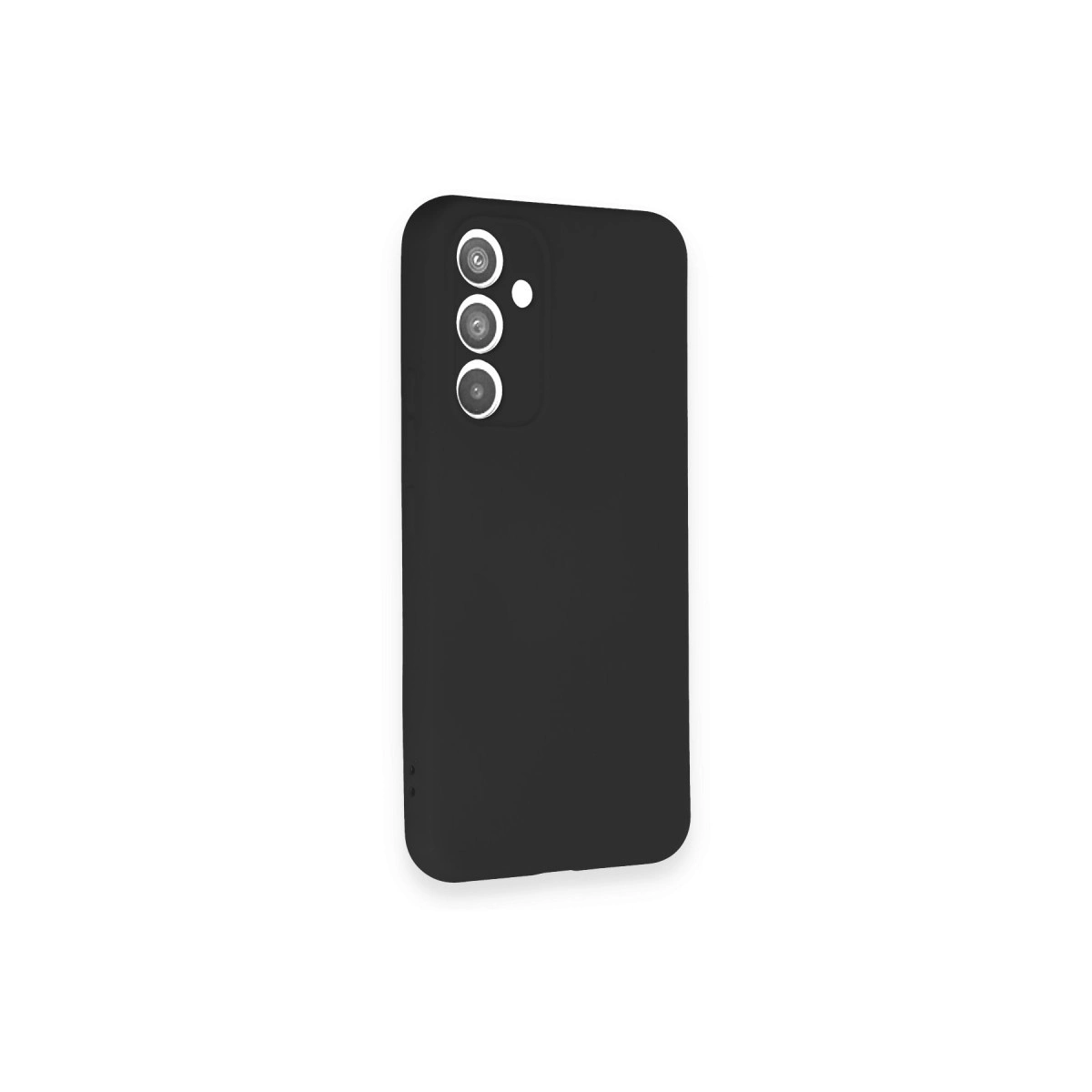 Arkada üçlü kamera kurulumuna sahip siyah akıllı telefon kılıfı.