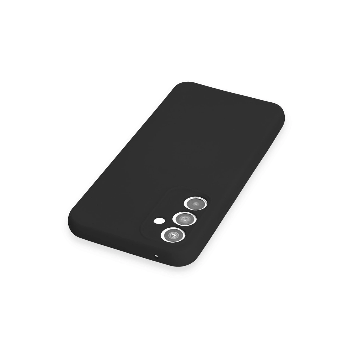 Üç kamera lensi ve flaşa sahip siyah telefon kılıfı beyaz arka planda.