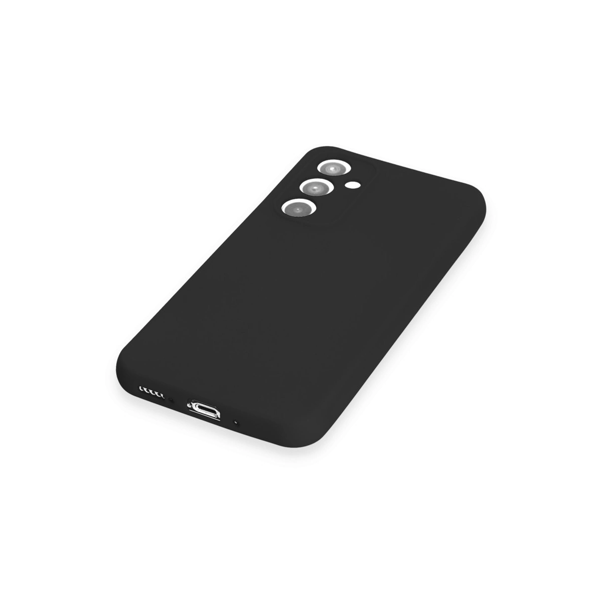 Üç kamera lensli ve şarj portlu siyah telefon kılıfı.