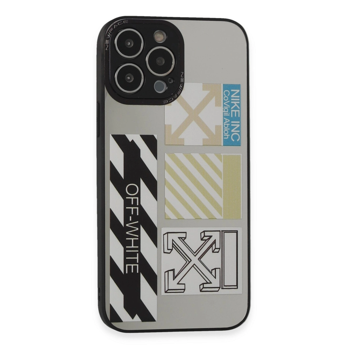 Arka kamera dizilimli, "Off-White" ve "Nike" etiketli iPhone kılıfı.