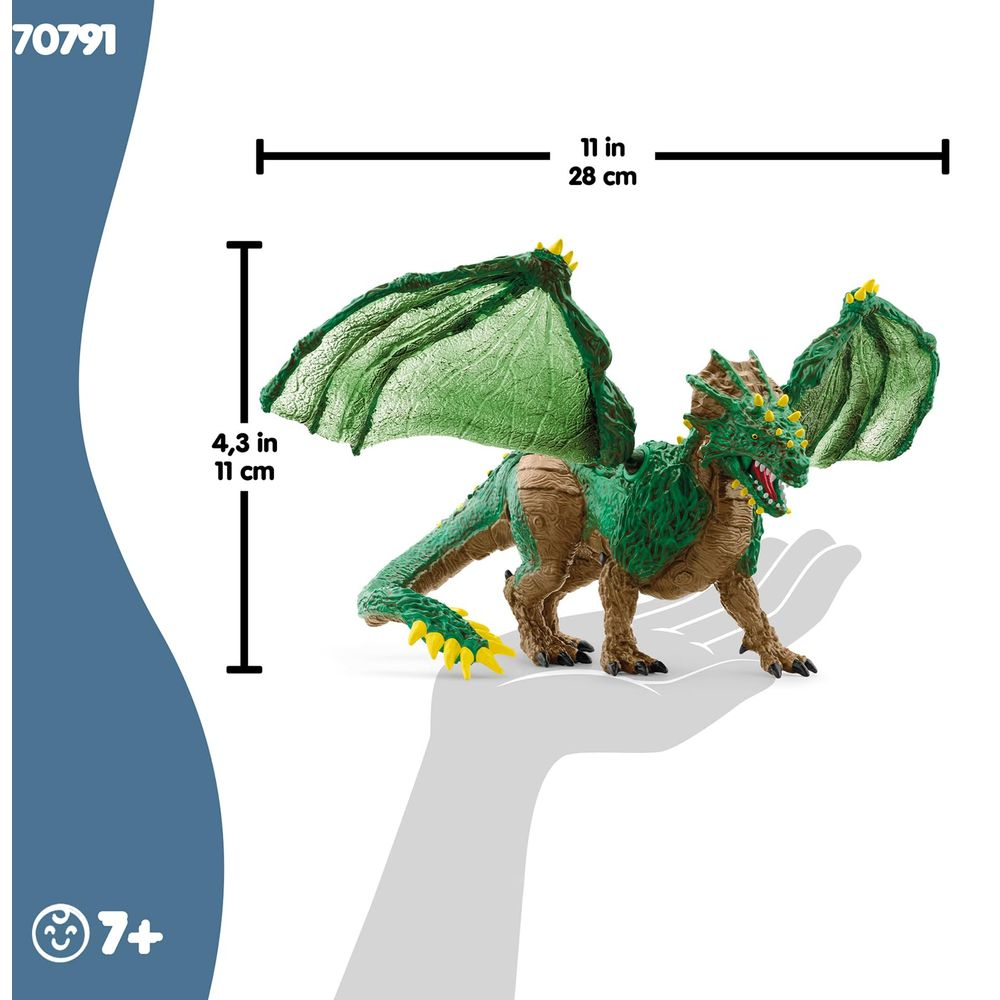 Zielona figurka smoka na dłoni, 28cm długości, 11cm wysokości.