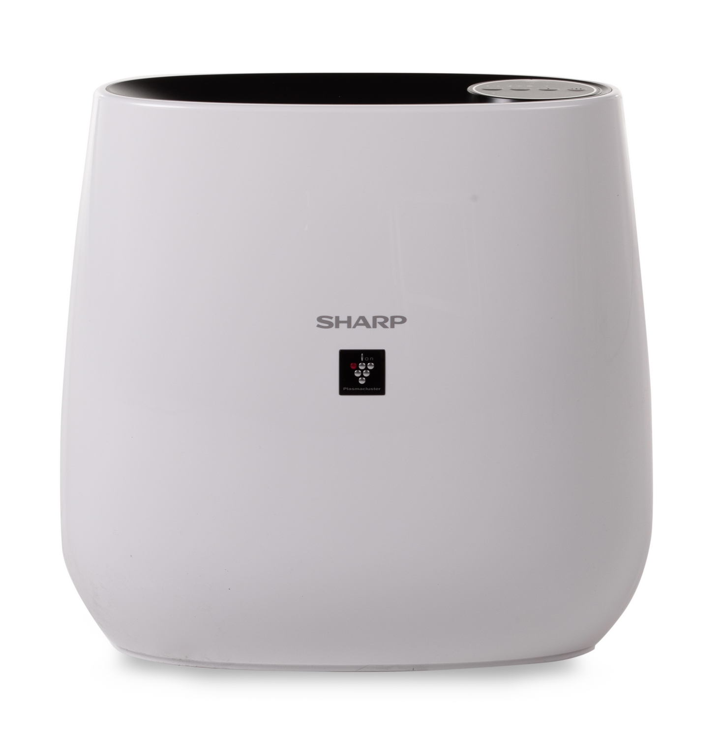 Un purificatore d'aria bianco con logo SHARP e tecnologia Plasmacluster.