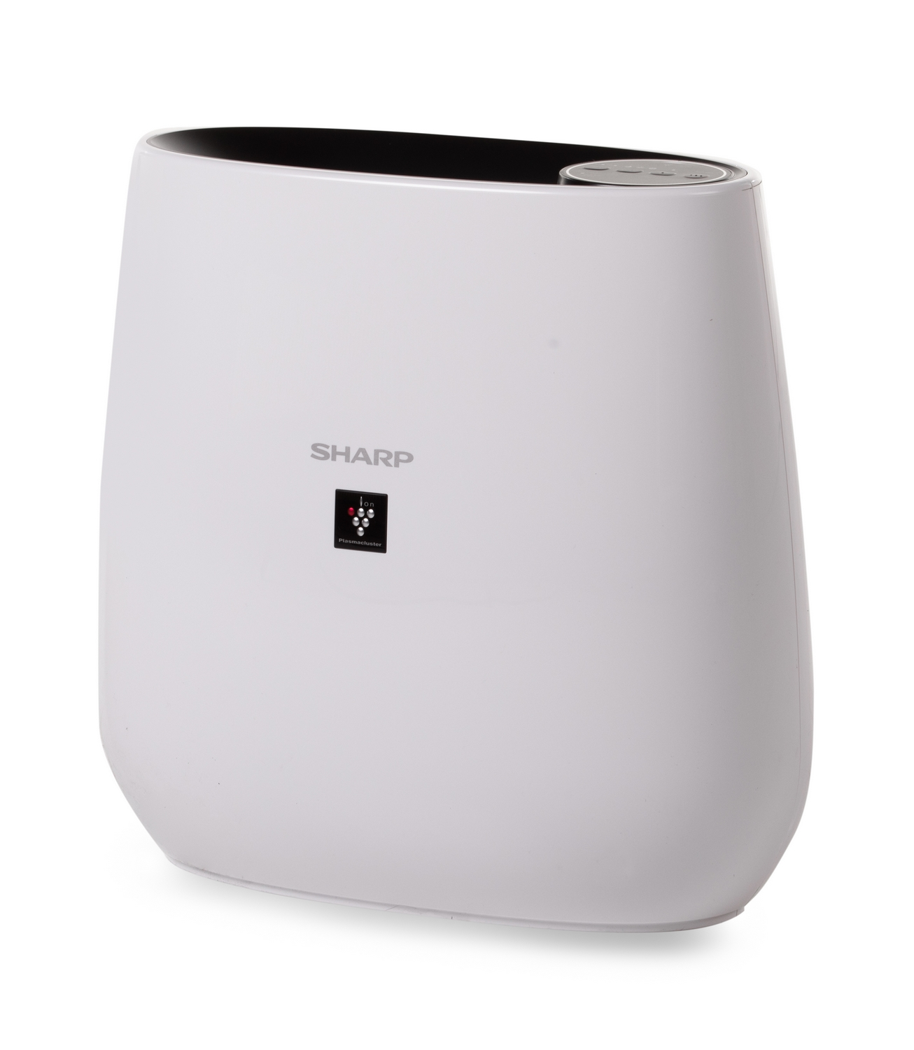 Un purificatore d'aria Sharp bianco con bordo superiore e pannello di controllo neri.