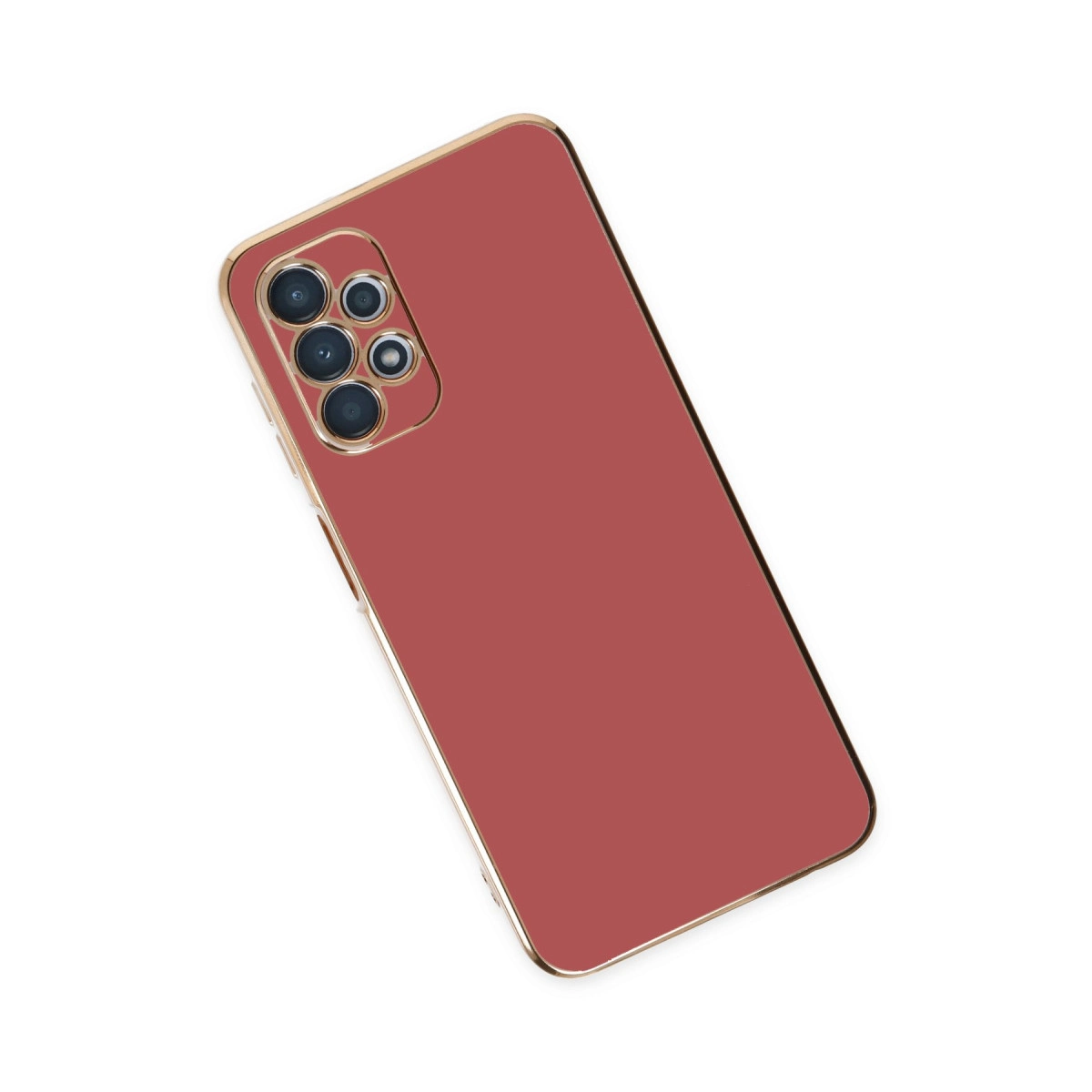Altın kenarlı ve kamera oyuklu kırmızı telefon kılıfı.