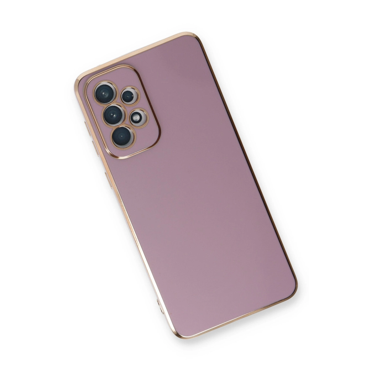 Altın kenarlı ve kamera çıkıntılı mor telefon kılıfı.