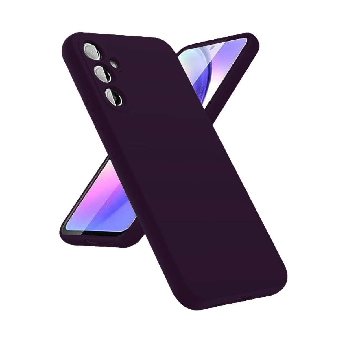 Üç kamera lensli koyu mor telefon kılıfı, beyaz arka plan üzerinde.