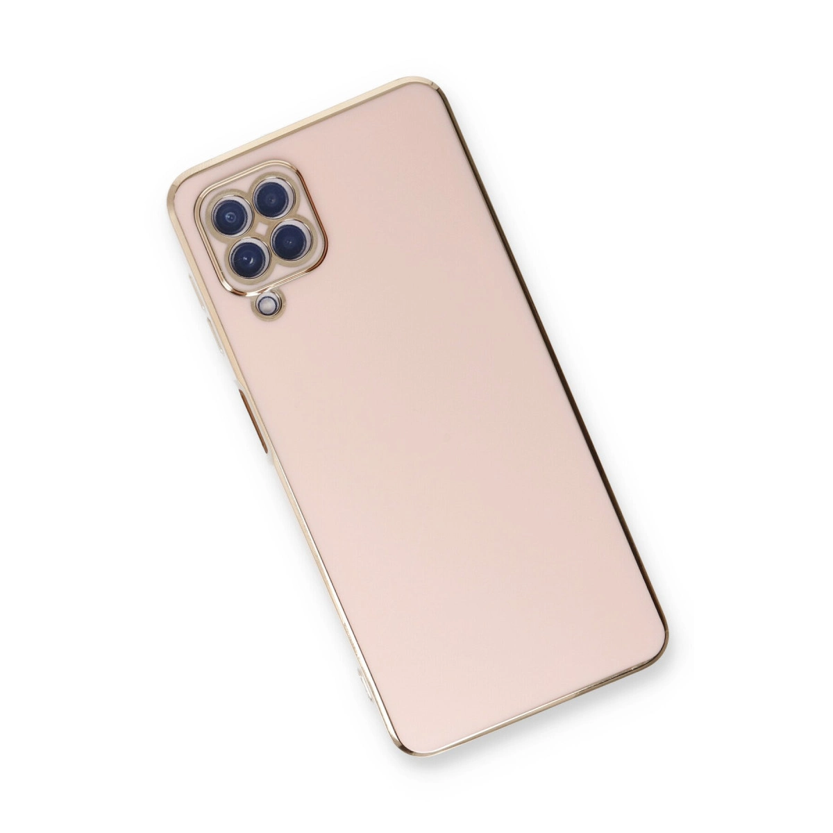 Dört kameralı, altın çerçeveli pembe bir akıllı telefon.