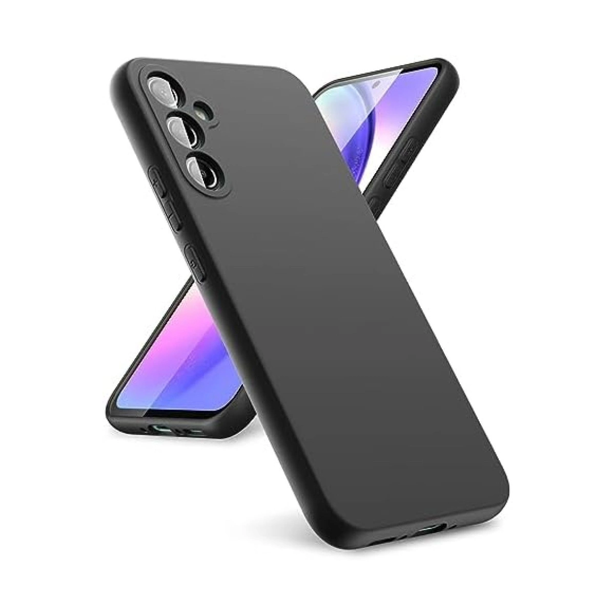 Beyaz arka plan üzerinde kamera kesimli iki siyah telefon kılıfı.