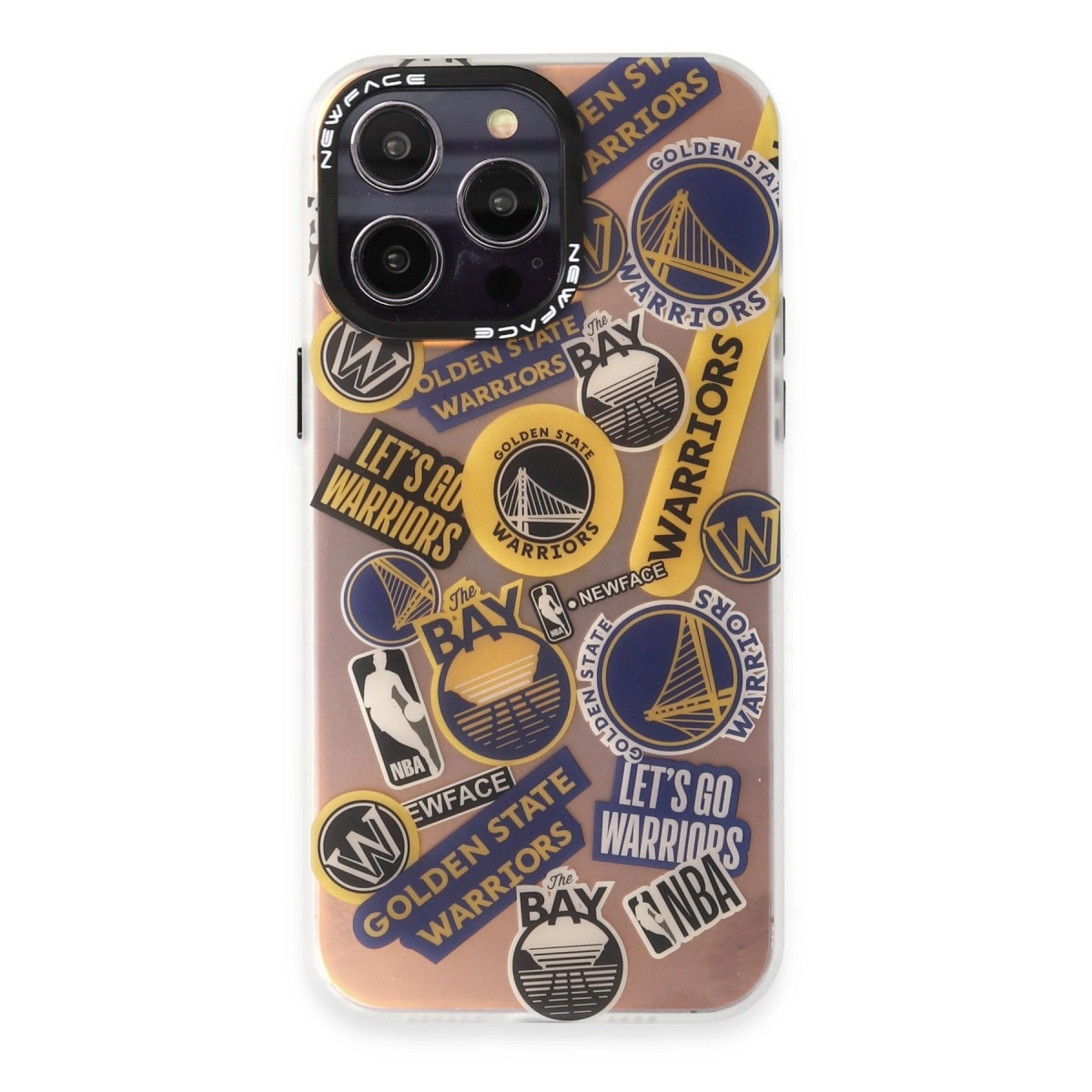 Mavi ve sarı Golden State Warriors çıkartmalarıyla kaplı iPhone kılıfı.