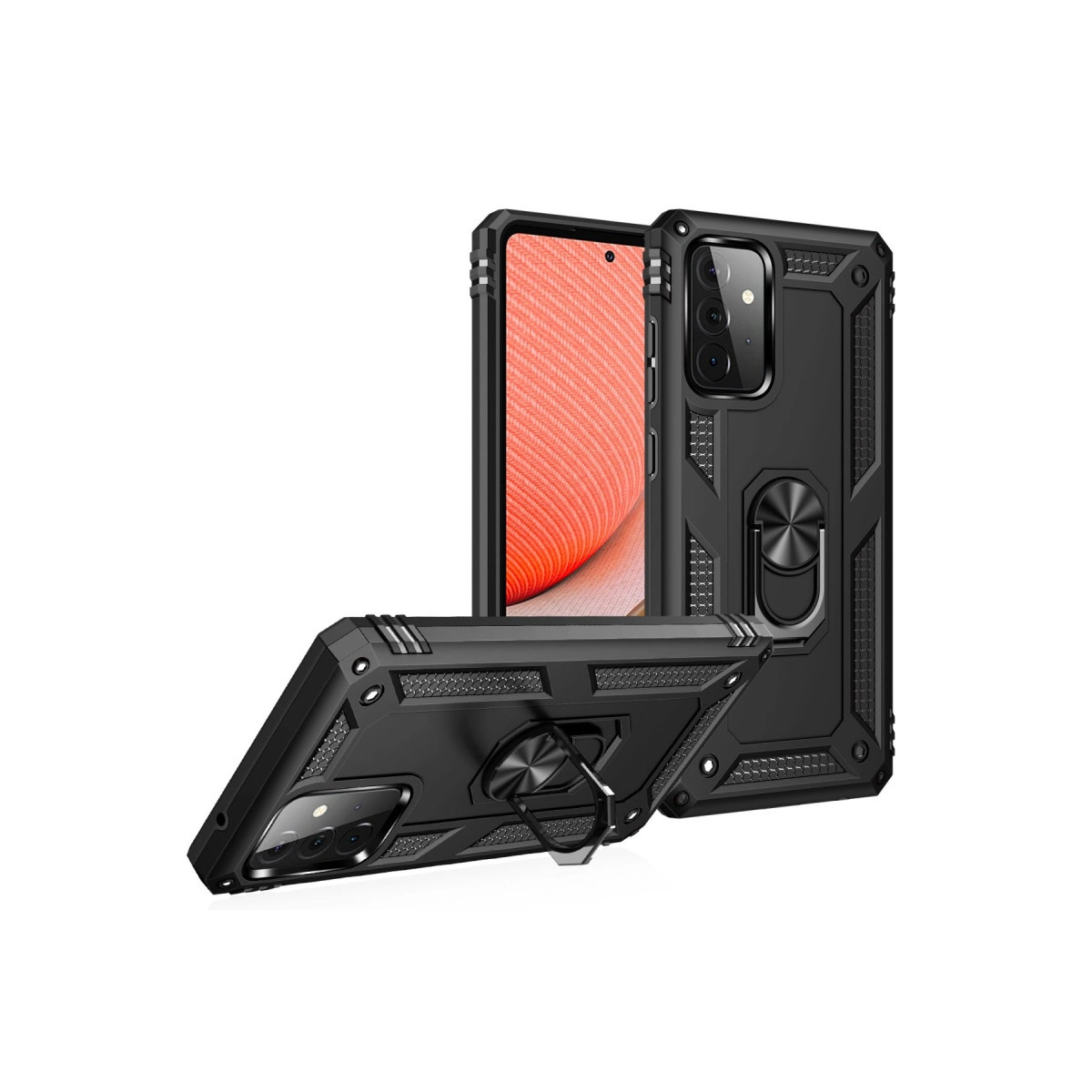 Beyaz arka plan üzerinde halka tutuculu iki siyah telefon kılıfı.