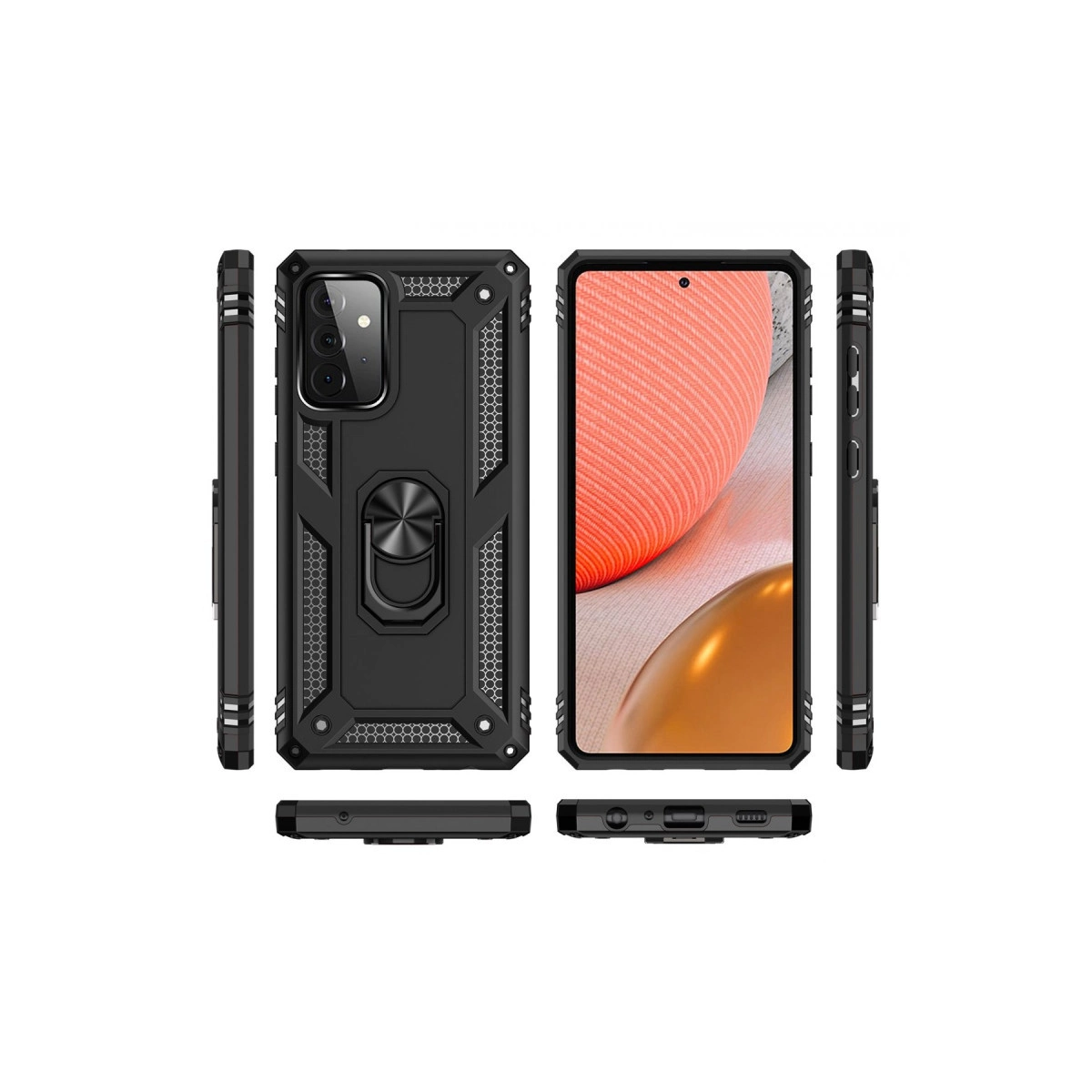 Halka tutuculu siyah telefon kılıfı, ön ve arka görünümler.