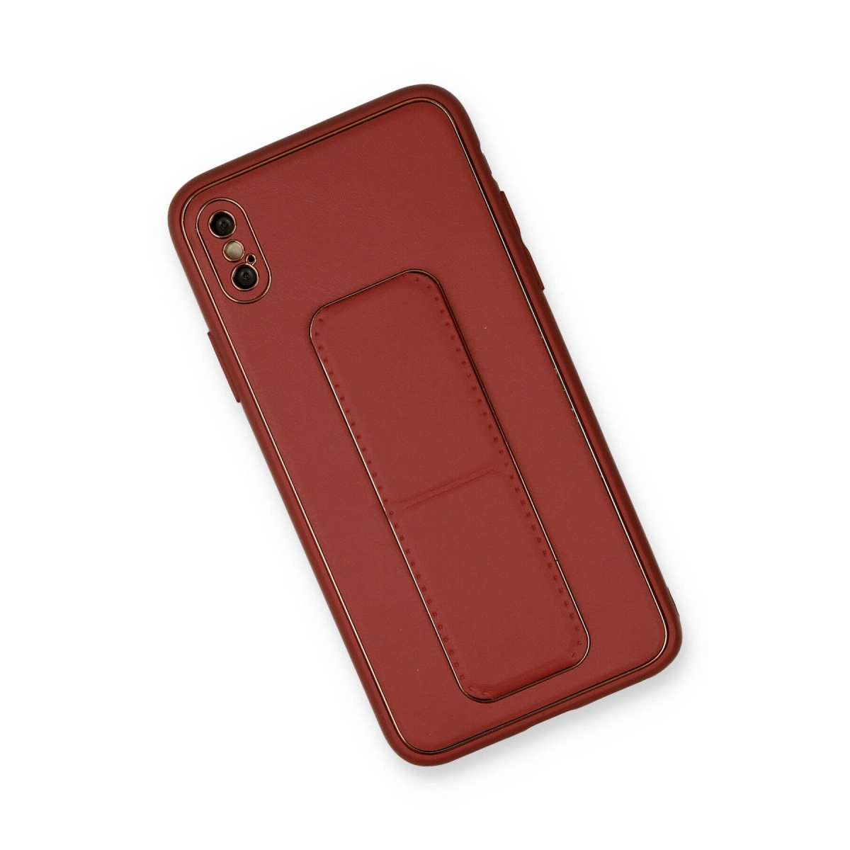Entegre tutma yeri ve çift kamera kesiği olan kırmızı telefon kılıfı.