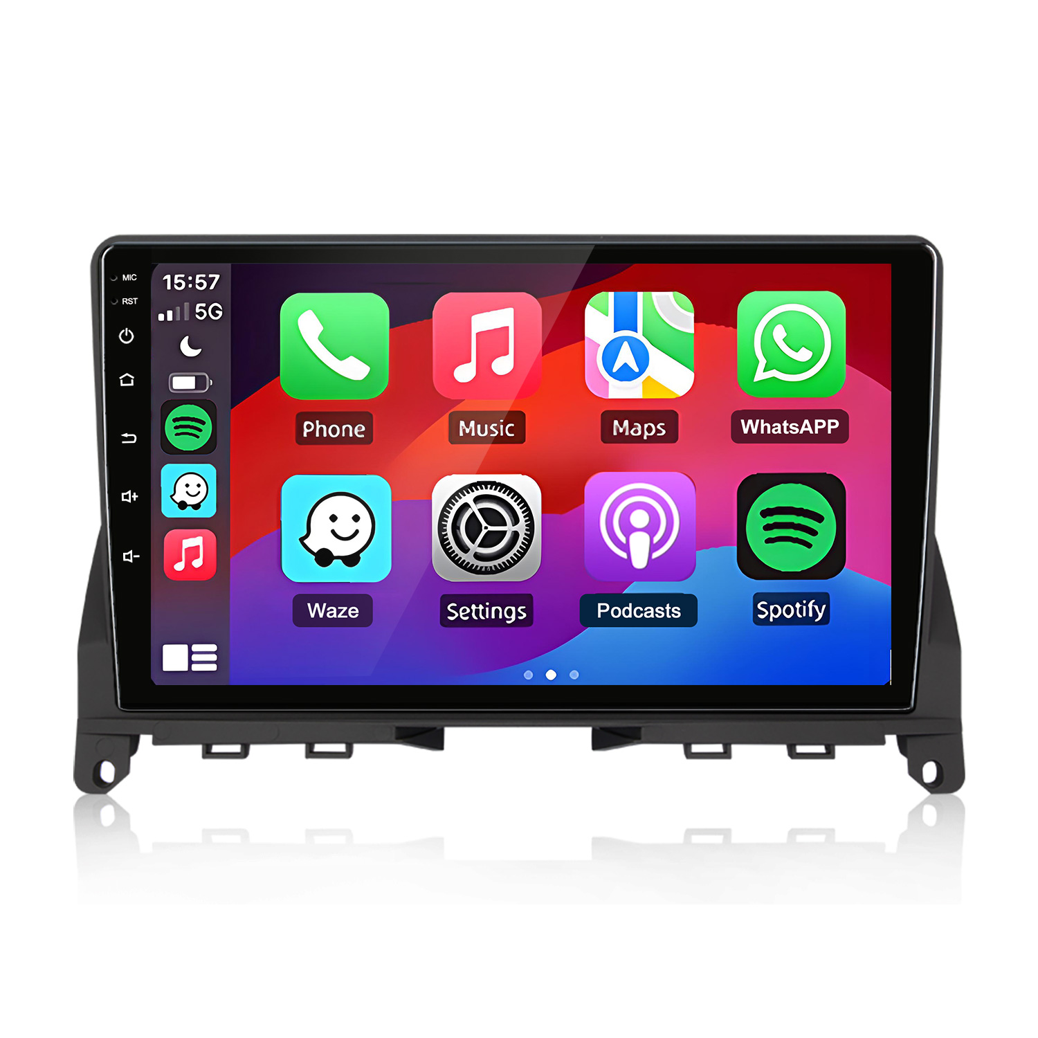 Ein Autoradio-Touchscreen zeigt App-Icons: Telefon, Musik, Karten, WhatsApp.