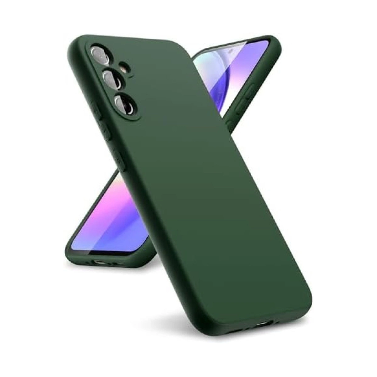 Arkada kameralı iki koyu yeşil telefon kılıfı, beyaz zeminde.