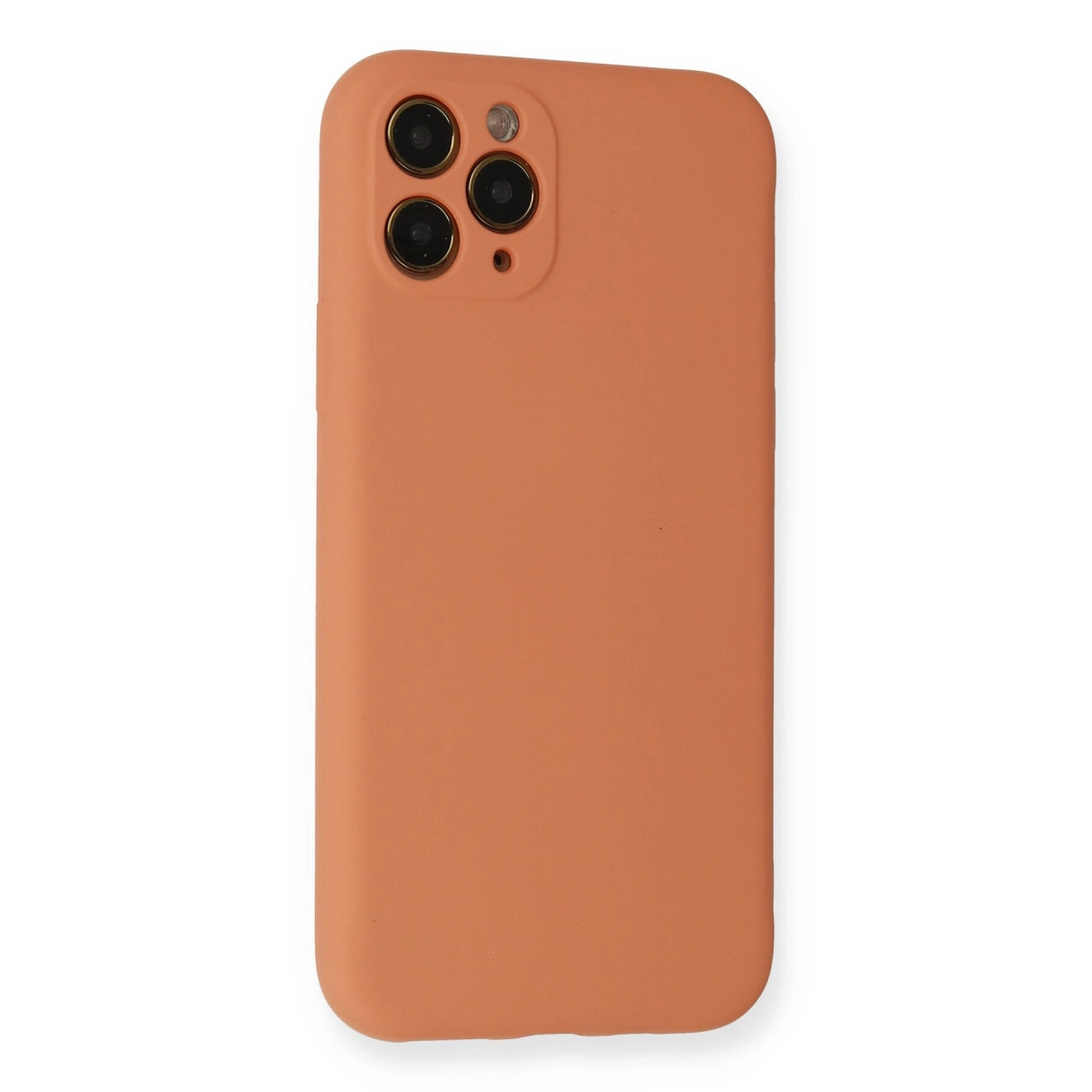 Arkada üç kamera lensi bulunan turuncu renkli telefon kılıfı.