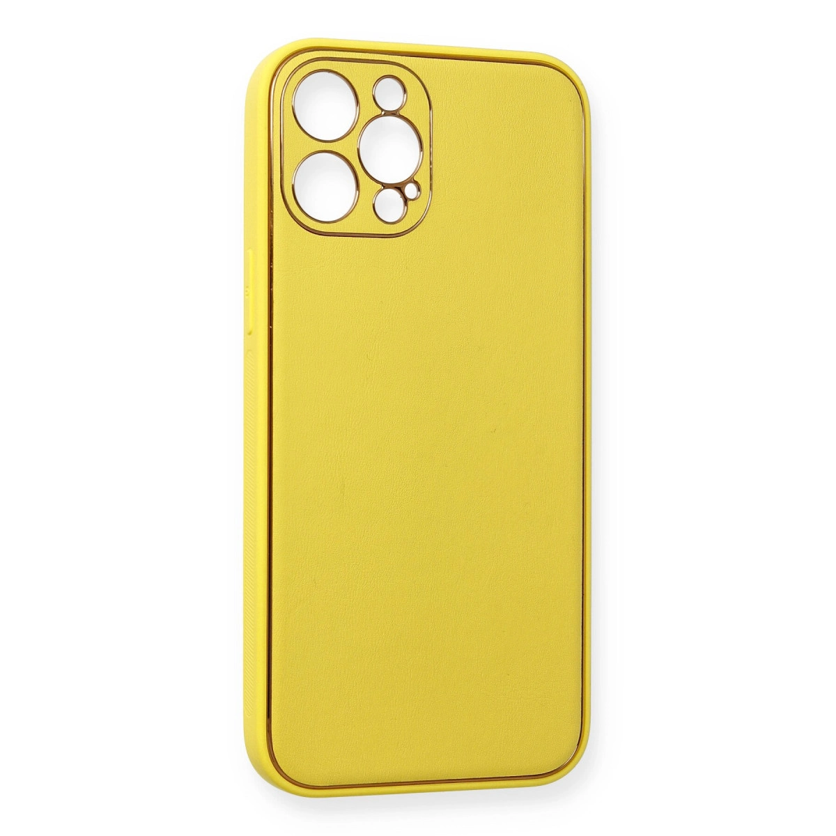 Altın çerçeveli, çoklu lens kamera kesimli sarı telefon kılıfı.
