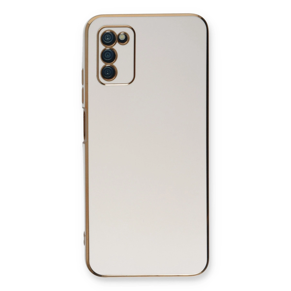 Üç kameralı, altın kenarlı beyaz telefon kılıfı.