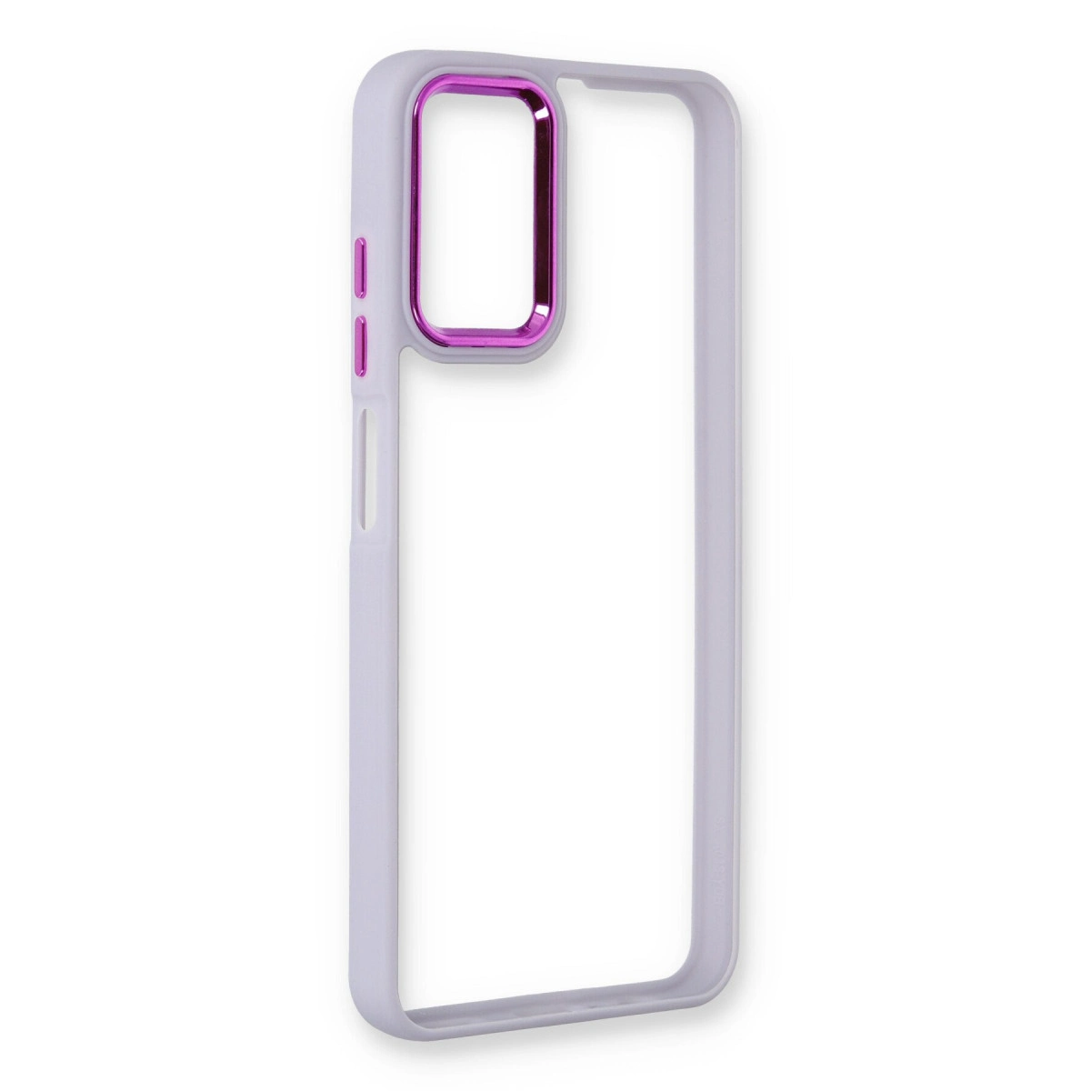Kamera kesi etrafında parlak mor vurguya sahip açık mor telefon kılıfı.